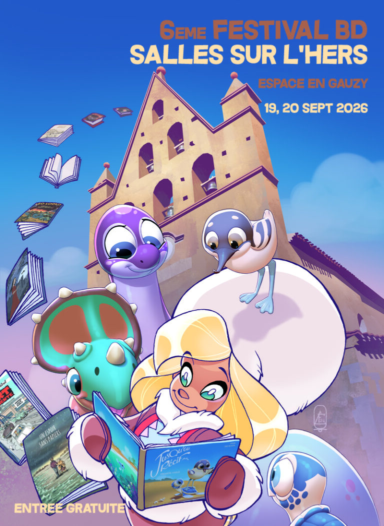 Affiche de la 6e édition du Festival BD de Salles-sur-l’Hers : devant le clocher-mur de l’église, un dinosaure violet, un oiseau et une jeune fille blonde à capuche lisent des albums qui volent autour d’eux, sur un ciel bleu.